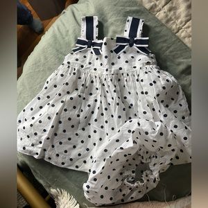 Blue and white polka dot dress